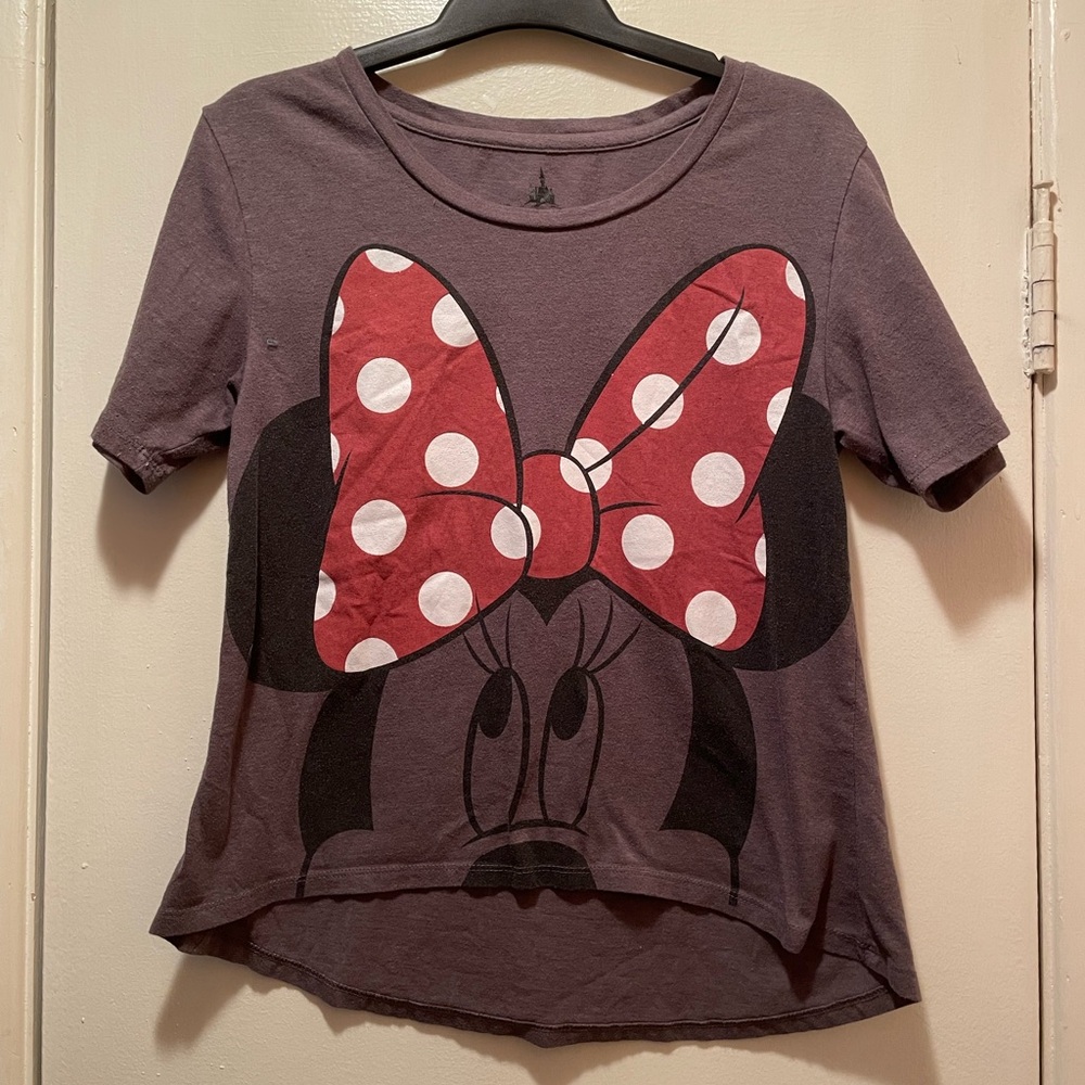 Disney Parks Authentic Minnie Mouse Glitter Bow Charcoal Graphic Tee Shirt Med